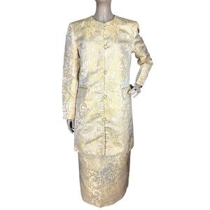Terramina Gold Jacquard Long Blazer Pencil Skirt Suit Church MOB Women's Size 8